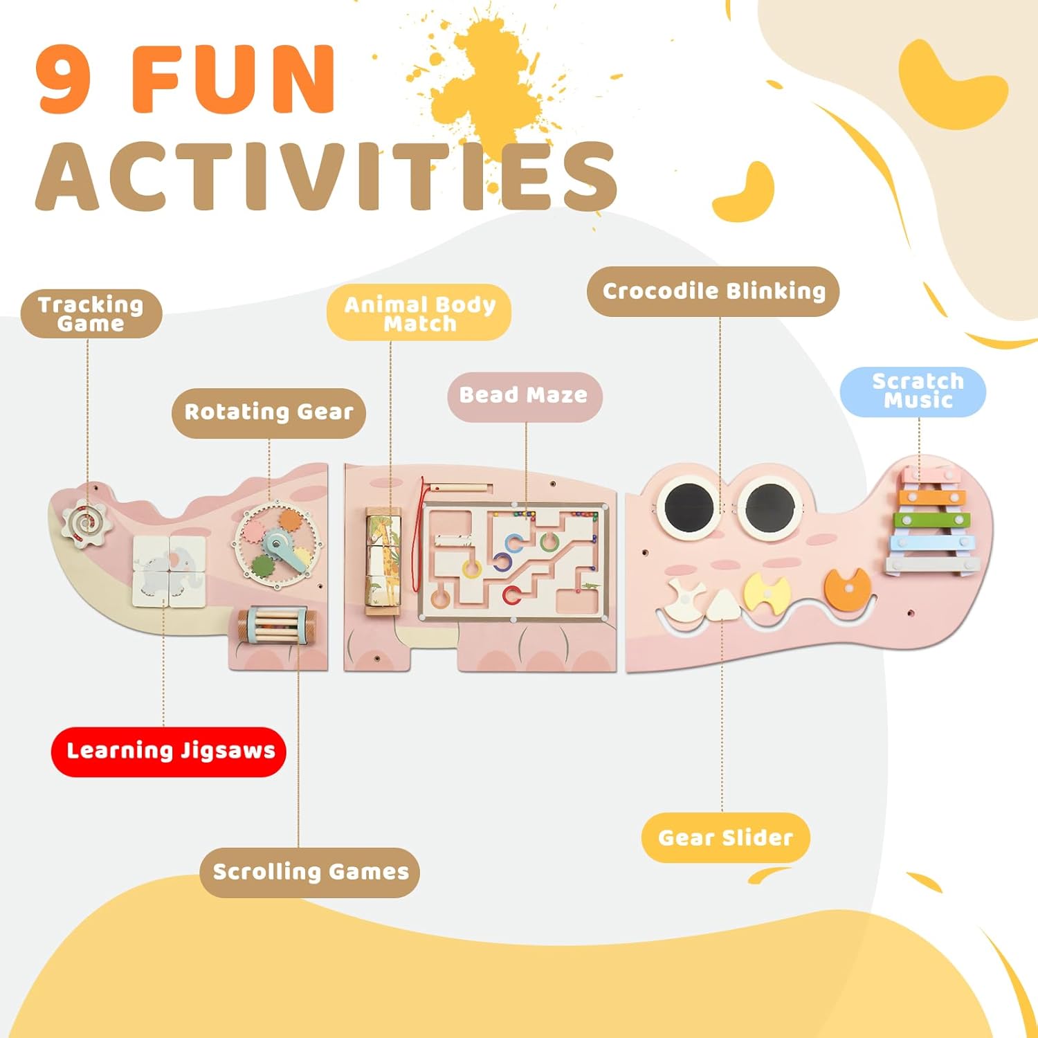 Juego de Pared Cocodrilo de Madera Multifuncional – Estaciones de Juego Montessori