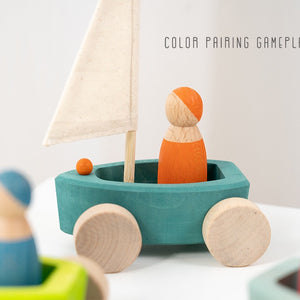 Set de Barcos de Madera con Velas y Figuras – Juguete Montessori
