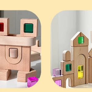 Bloques de Construcción de Madera con Ventanas de Colores – Set Castillo Creativo
