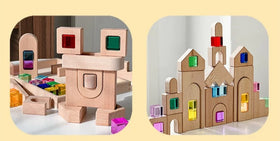Bloques de Construcción de Madera con Ventanas de Colores – Set Castillo Creativo