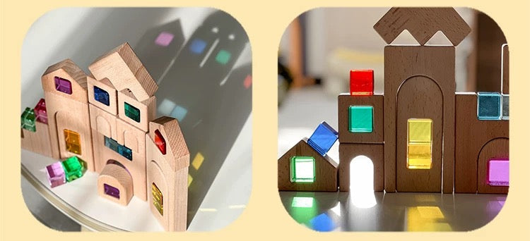 Bloques de Construcción de Madera con Ventanas de Colores – Set Castillo Creativo