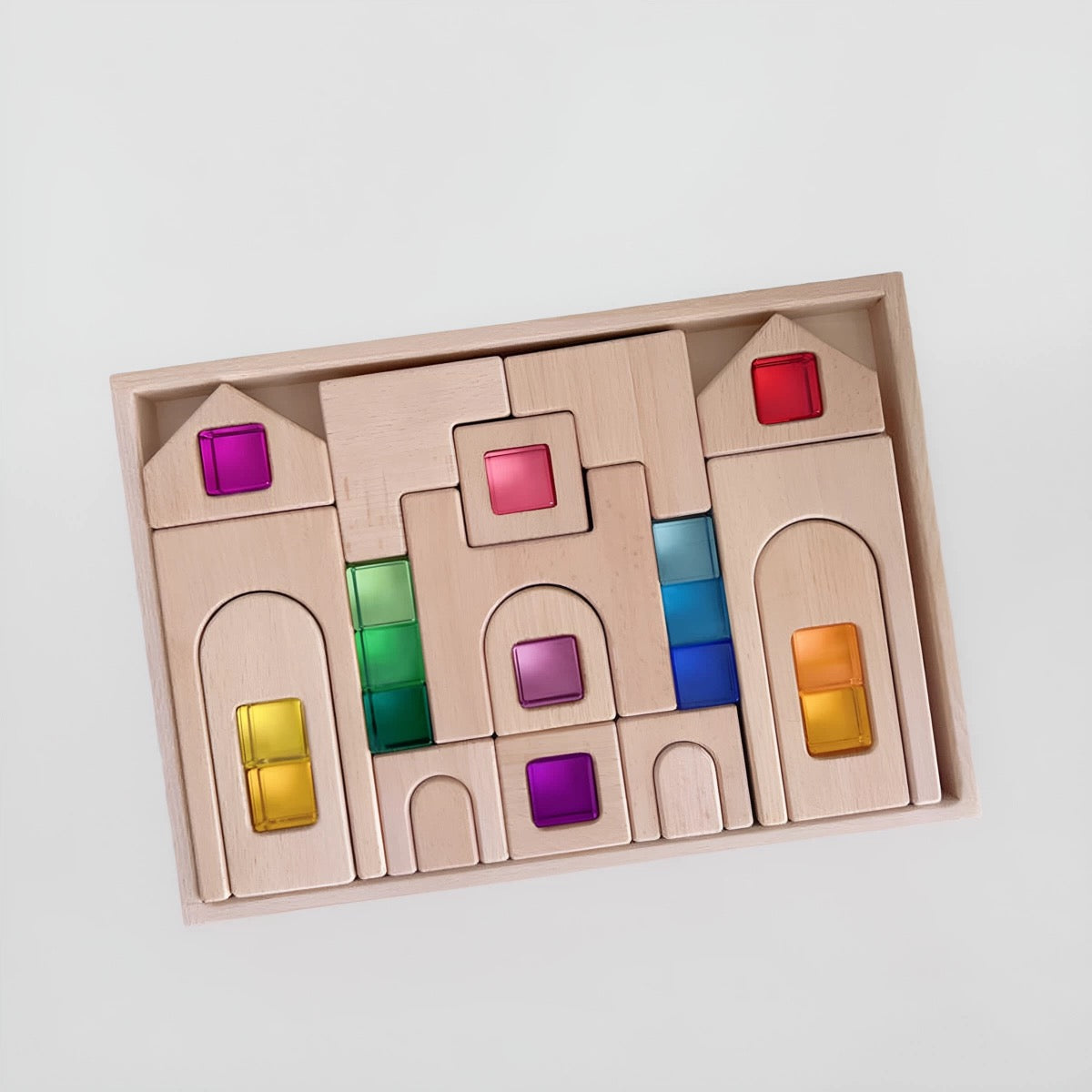 Bloques de Construcción de Madera con Ventanas de Colores – Set Castillo Creativo