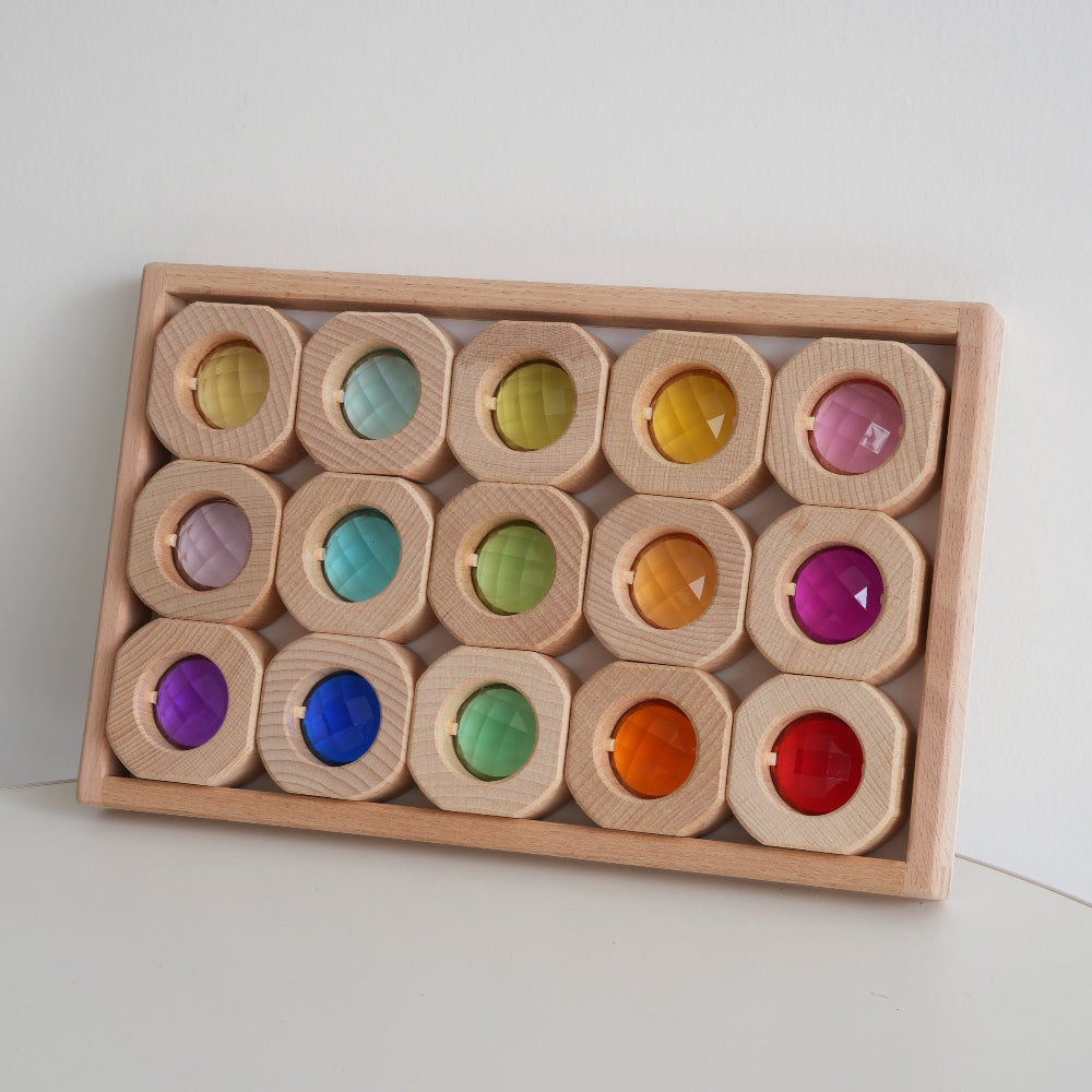 Bloques de Madera con Gemas de Colores – Juego Sensorial Montessori