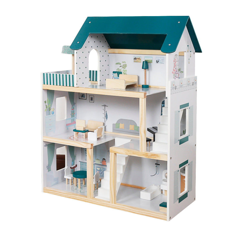 Casa de Muñecas Verde Azulado con Muebles