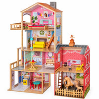 Casa de Muñecas de Madera de Gran Tamaño con Establo – 3 Niveles