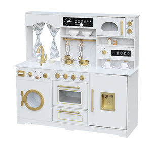 Cocina Blanca con Luces, Sonidos, Fregadero con Agua Real, Lavadora Eléctrica Real, Máquina de Hielo, Cafetera y Accesorios