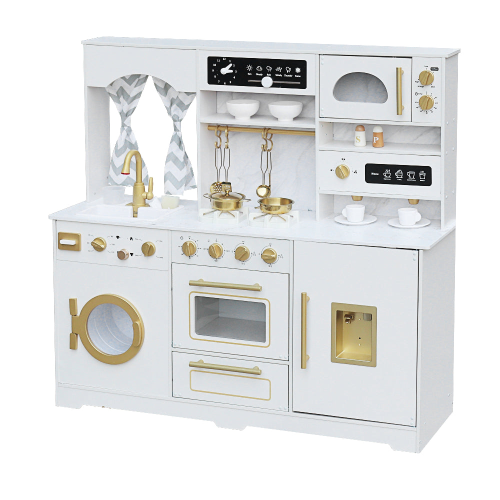 Cocina Blanca con Luces, Sonidos, Fregadero con Agua Real, Lavadora Eléctrica Real, Máquina de Hielo, Cafetera y Accesorios