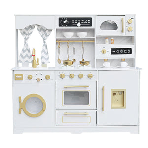 Cocina Blanca con Luces, Sonidos, Fregadero con Agua Real, Lavadora Eléctrica Real, Máquina de Hielo, Cafetera y Accesorios