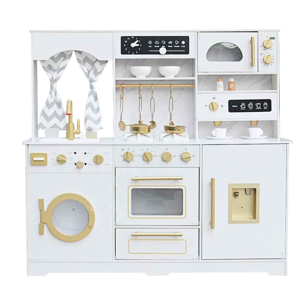 Cocina Blanca con Luces, Sonidos, Fregadero con Agua Real, Lavadora Eléctrica Real, Máquina de Hielo, Cafetera y Accesorios