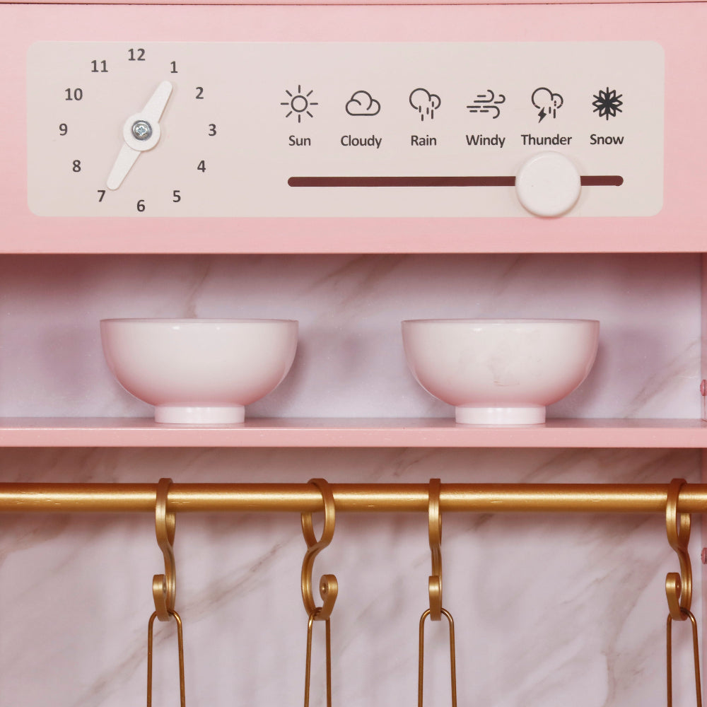 Cocina Rosa con Luces, Sonidos, Fregadero con Agua Real, Máquina de Hielo, Cafetera y Accesorios