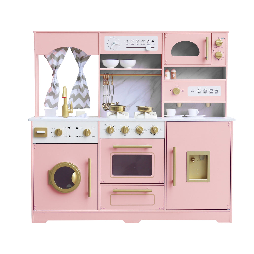 Cocina Rosa con Luces, Sonidos, Fregadero con Agua Real, Máquina de Hielo, Cafetera y Accesorios