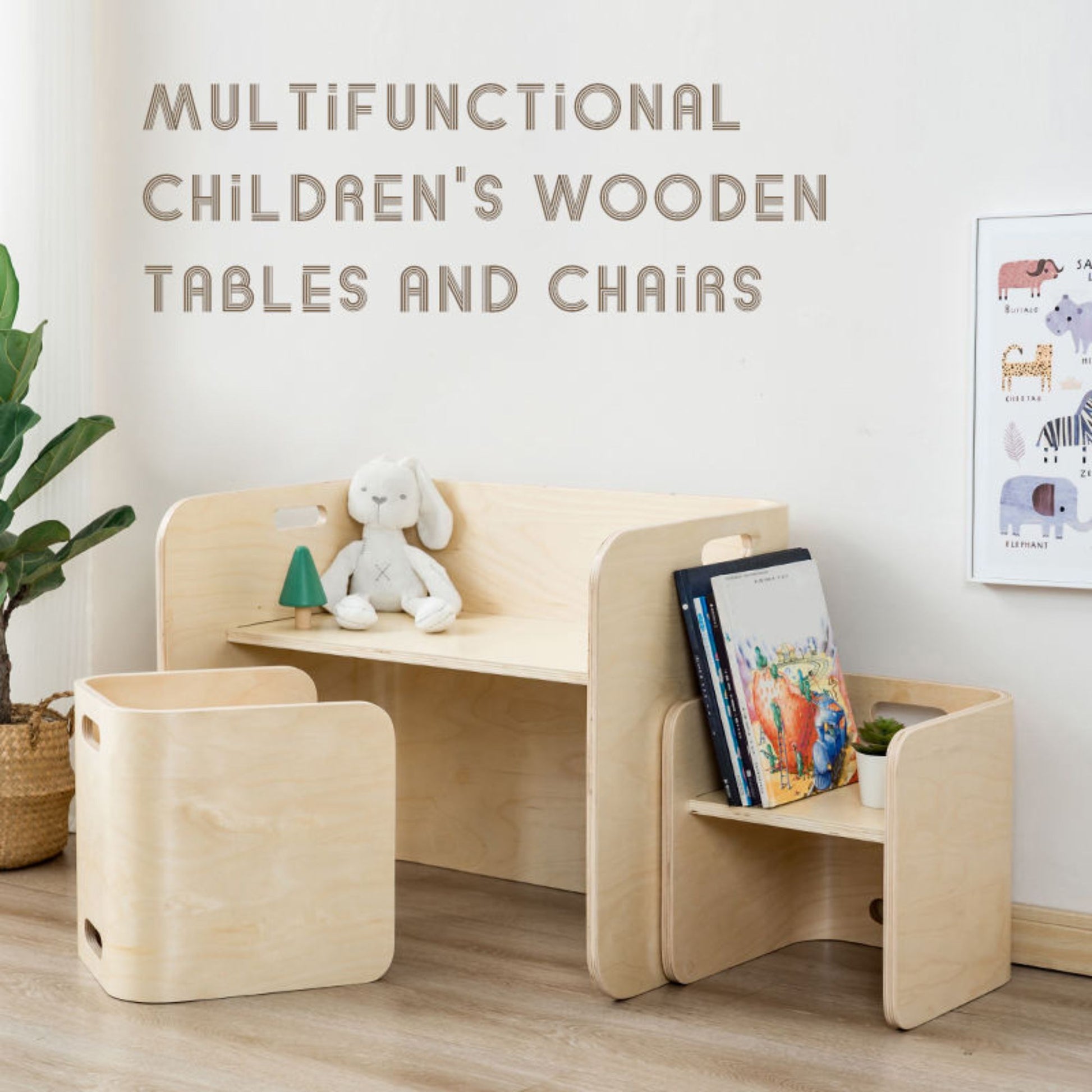 Set Multifuncional de Escritorio y Sillas de Madera para Niños
