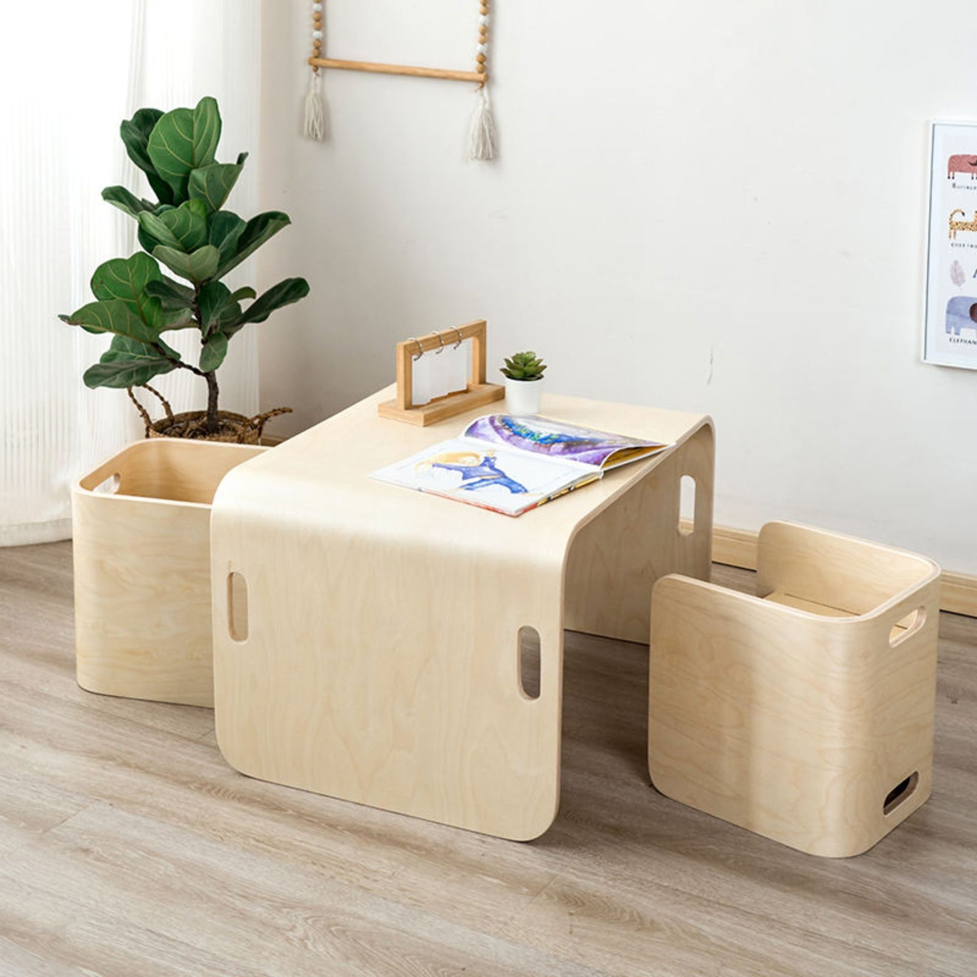 Set Multifuncional de Escritorio y Sillas de Madera para Niños