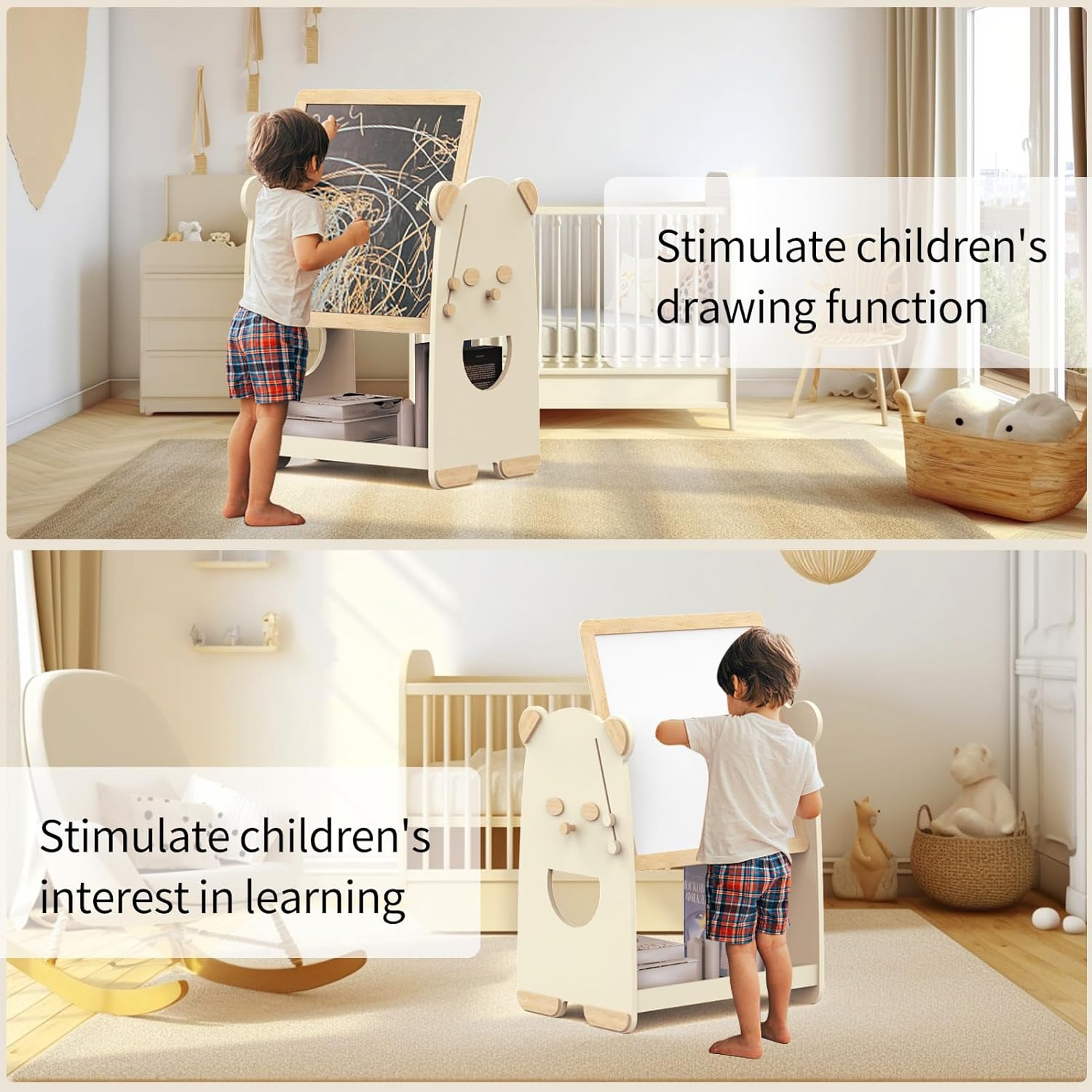 Estante Infantil de Madera 3 Niveles 4 en 1 con Pizarra