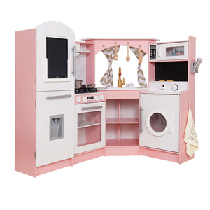 Gran Cocina Rosa Esquinera con Pantalla LCD, Luces, Sonidos, Fregadero de Agua Real y Accesorios