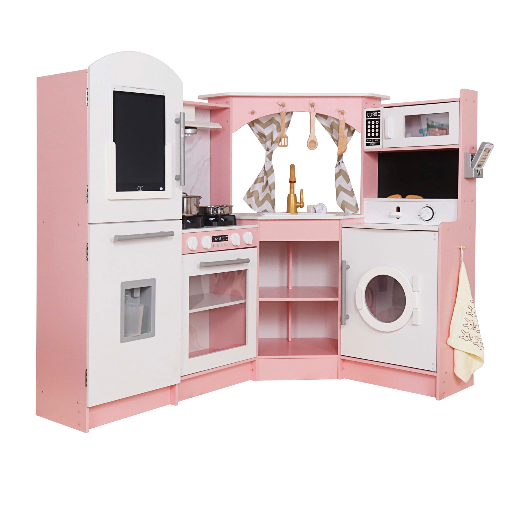 Gran Cocina Rosa Esquinera con Pantalla LCD, Luces, Sonidos, Fregadero de Agua Real y Accesorios