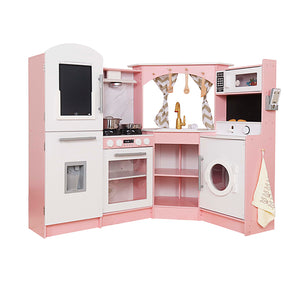 Gran Cocina Rosa Esquinera con Pantalla LCD, Luces, Sonidos, Fregadero de Agua Real y Accesorios
