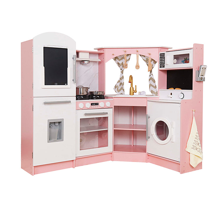 Gran Cocina Rosa Esquinera con Pantalla LCD, Luces, Sonidos, Fregadero de Agua Real y Accesorios