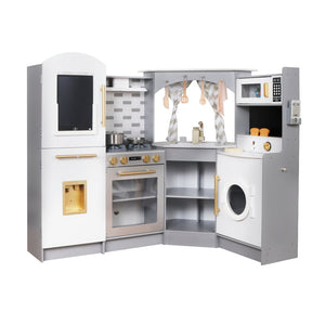 Gran Cocina Gris Esquinera con Pantalla LCD, Luces, Sonidos, Fregadero de Agua Real y Accesorios