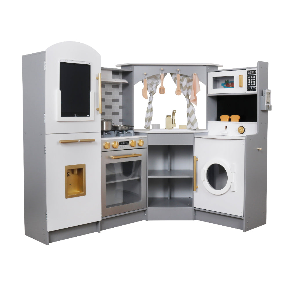 Gran Cocina Gris Esquinera con Pantalla LCD, Luces, Sonidos, Fregadero de Agua Real y Accesorios