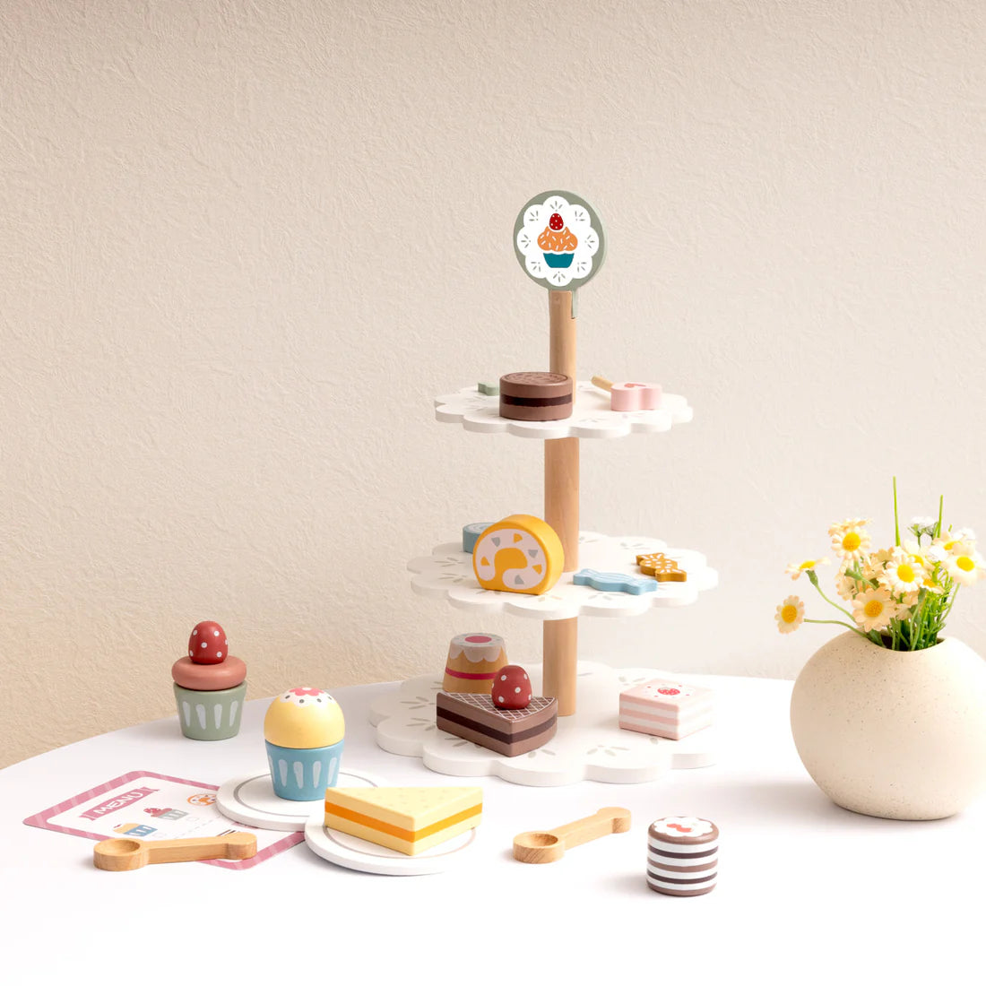 Juego de Té y Pastelería de Madera - Set de Postres con Bandeja de 3 Pisos