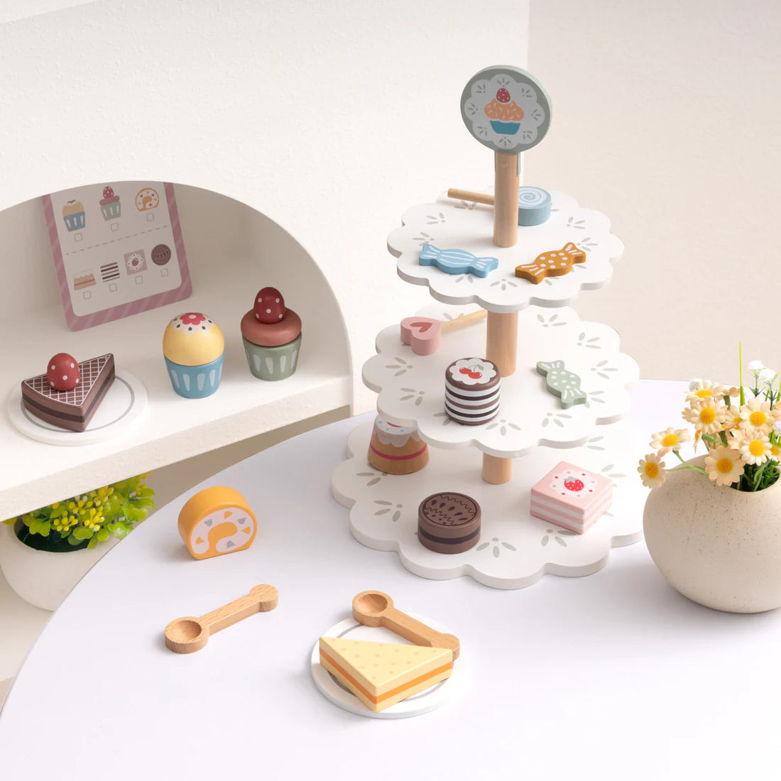 Juego de Té y Pastelería de Madera - Set de Postres con Bandeja de 3 Pisos