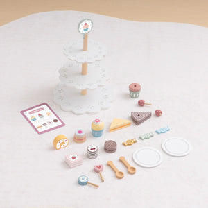 Juego de Té y Pastelería de Madera - Set de Postres con Bandeja de 3 Pisos