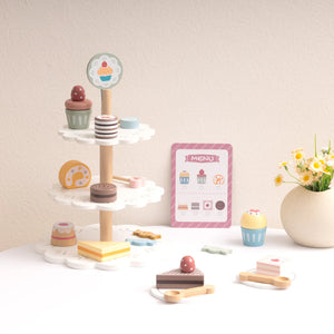 Juego de Té y Pastelería de Madera - Set de Postres con Bandeja de 3 Pisos