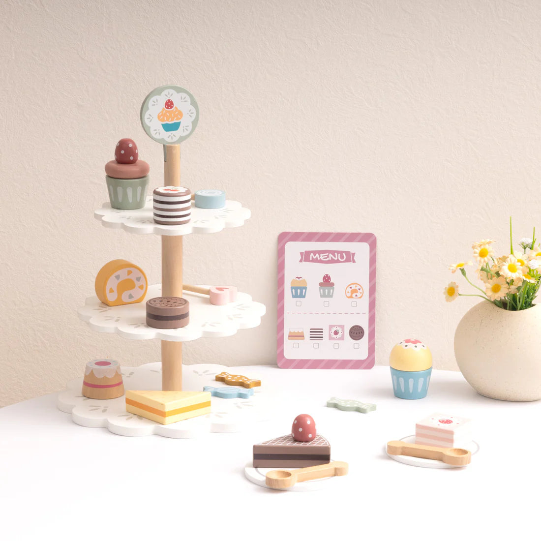 Juego de Té y Pastelería de Madera - Set de Postres con Bandeja de 3 Pisos