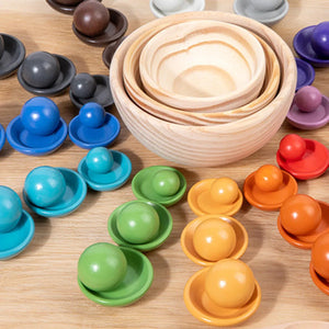 Juego Montessori de Clasificación – 12 Colores con Bolas y Platitos de Madera