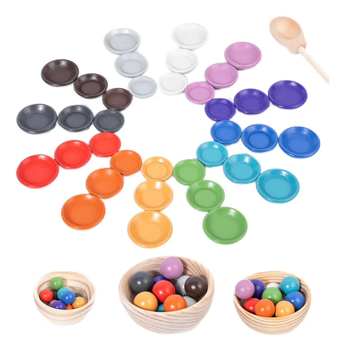 Juego Montessori de Clasificación – 12 Colores con Bolas y Platitos de Madera