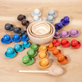 Juego Montessori de Clasificación – 12 Colores con Bolas y Platitos de Madera