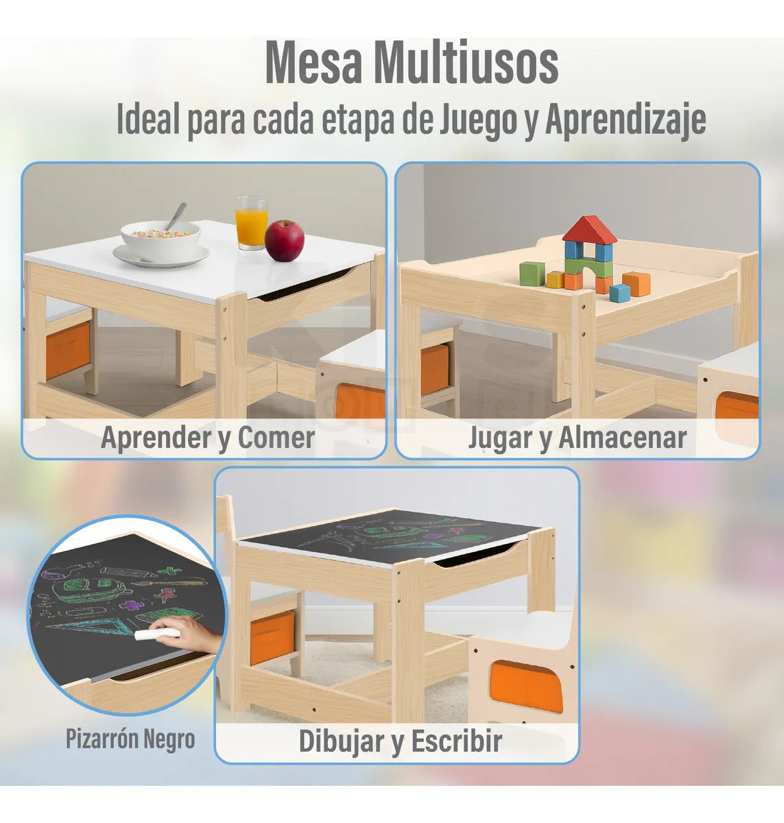 Mesa y Sillas Infantiles Multifuncionales 4 en 1