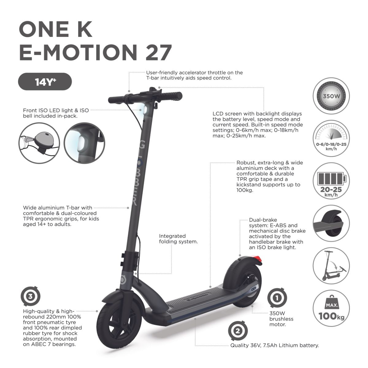 One k e-motion 27 titanium - noir - trottinette 2 roues electrique