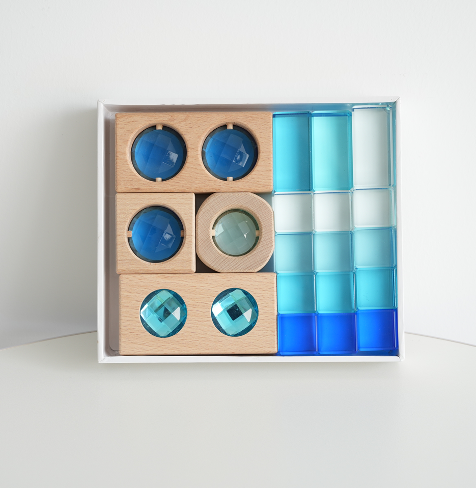 Set de Bloques de Madera y Acrílico Azul con Gemas