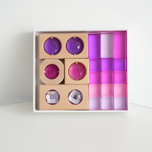 Set de Bloques Sensoriales y Gemas Translúcidas – Tonos Morados y Rosados