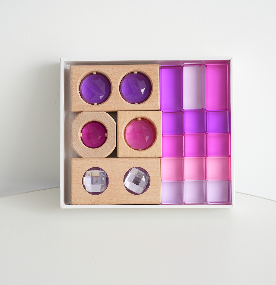 Set de Bloques Sensoriales y Gemas Translúcidas – Tonos Morados y Rosados