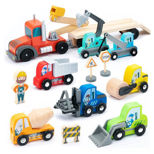 Set de Vehículos de Construcción de Madera con Camión Transportador