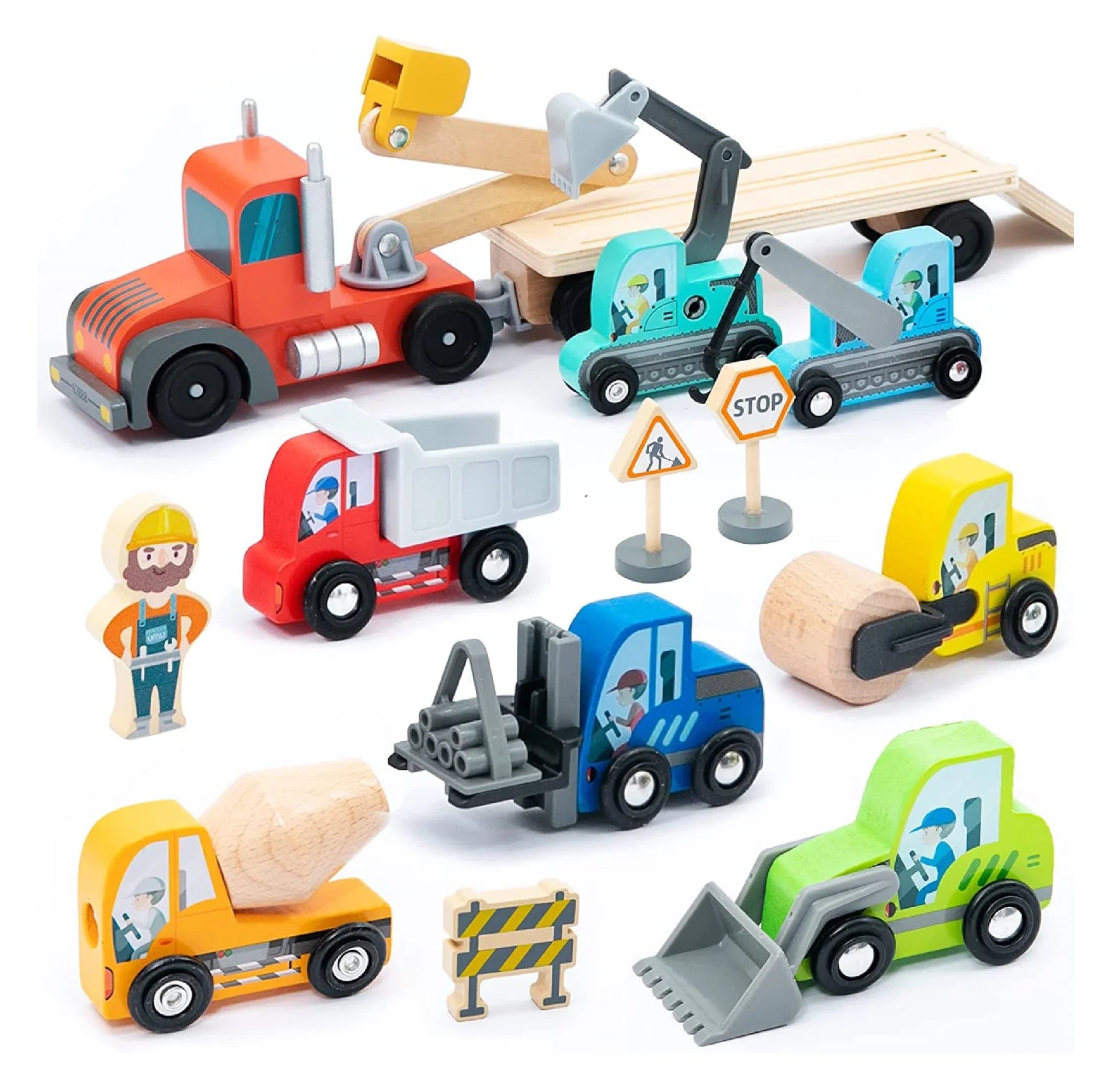 Set de Vehículos de Construcción de Madera con Camión Transportador