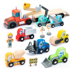 Set de Vehículos de Construcción de Madera con Camión Transportador