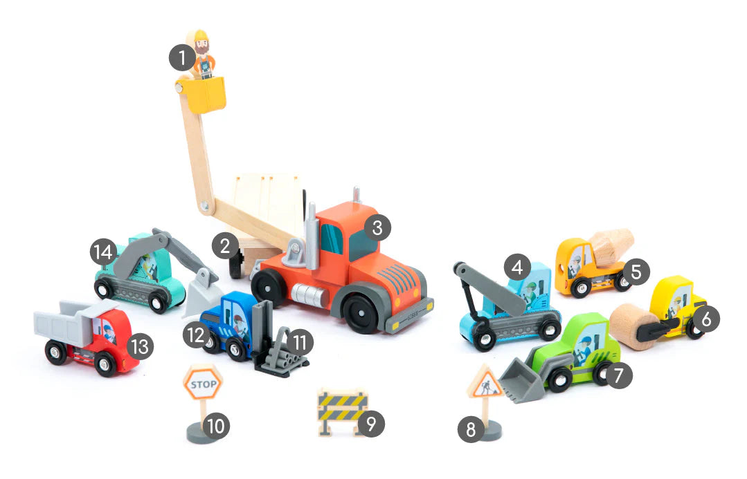 Set de Vehículos de Construcción de Madera con Camión Transportador