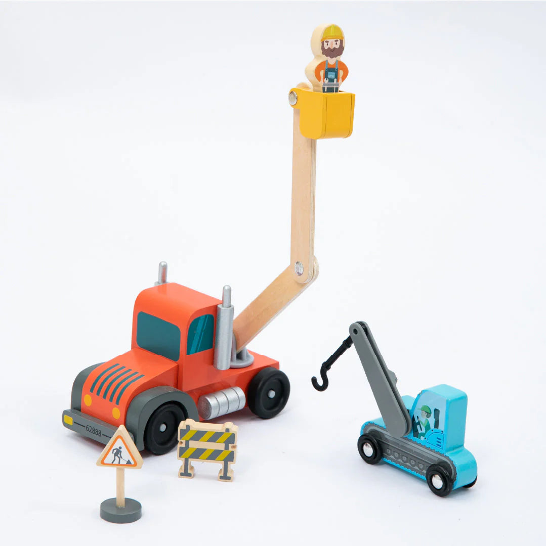 Set de Vehículos de Construcción de Madera con Camión Transportador