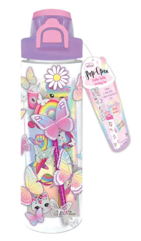 Botella de Agua Pop-Open Tie Dye Mariposa | Con Stickers y Bolígrafo