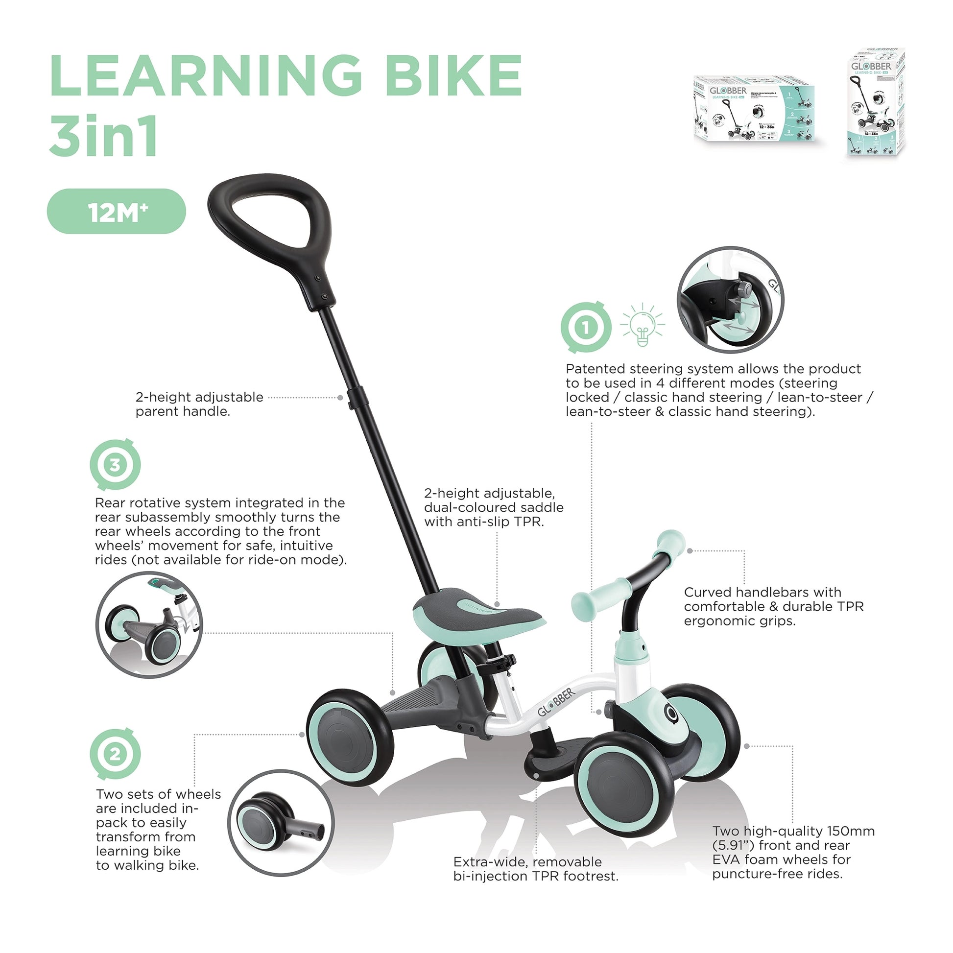 Learning Bike 3 in 1 - Blanco & Menta